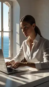 A cinematic editorial photograph of a real estate agent in Mallorca preparing LinkedIn posts on a sleek laptop, elegant office setting, dramatic lighting, highly detailed, full texture, 8k resolution.