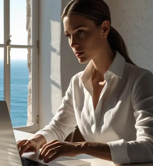 A cinematic editorial photograph of a real estate agent in Mallorca preparing LinkedIn posts on a sleek laptop, elegant office setting, dramatic lighting, highly detailed, full texture, 8k resolution.