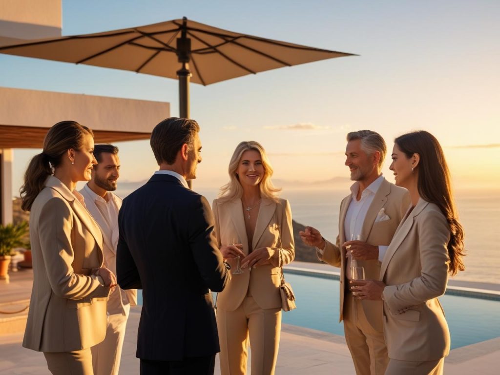 A group of elegant real estate agents networking during a luxury event in Mallorca, outdoor terrace with sea view, golden sunset light, modern Mediterranean architecture, business-casual attire, warm and sophisticated tones, editorial