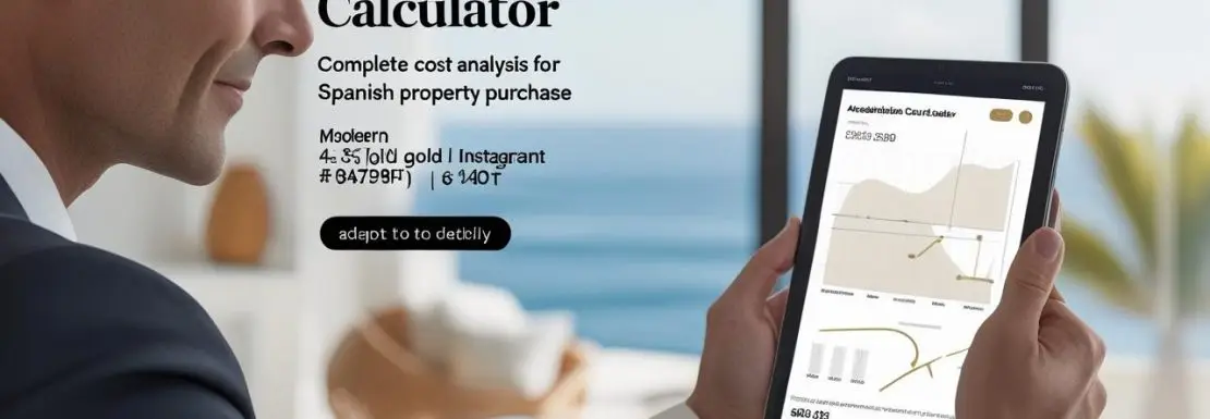 Editorial-style promotional image for the _Property Acquisition Cost Calculator_ app by One Mallorca Luxury Homes. __Concept__- A real estate professional (mid-40s, elegant, suit) is using a tablet or laptop, where the a (4)