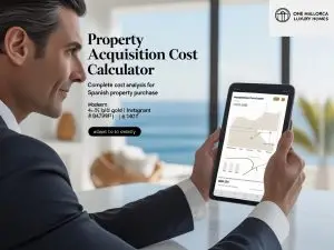 Editorial-style promotional image for the _Property Acquisition Cost Calculator_ app by One Mallorca Luxury Homes. __Concept__- A real estate professional (mid-40s, elegant, suit) is using a tablet or laptop, where the a (4)