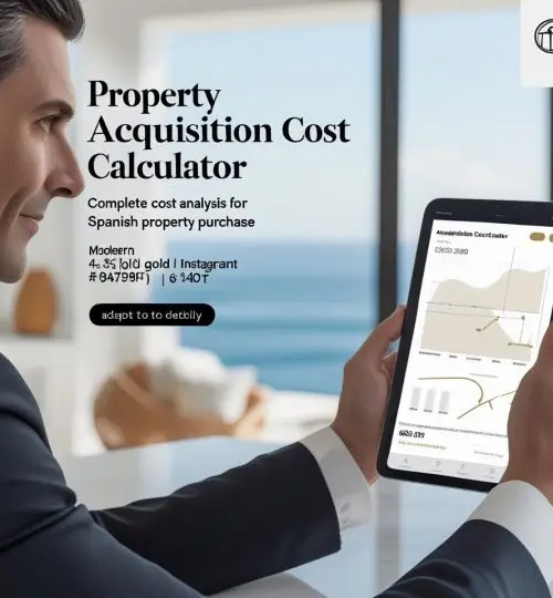 Editorial-style promotional image for the _Property Acquisition Cost Calculator_ app by One Mallorca Luxury Homes. __Concept__- A real estate professional (mid-40s, elegant, suit) is using a tablet or laptop, where the a (4)