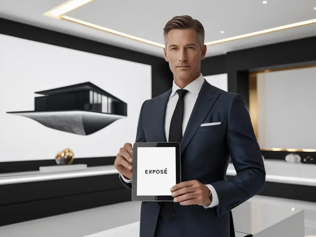 A professional real estate agent, around 40 years old, with short elegant hair, dressed in a luxury tailored suit. _- He is standing in a minimalist luxury