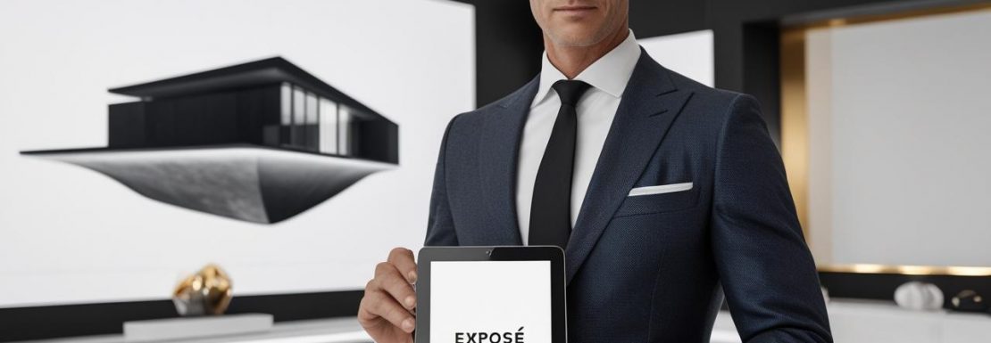 A professional real estate agent, around 40 years old, with short elegant hair, dressed in a luxury tailored suit. _- He is standing in a minimalist luxury