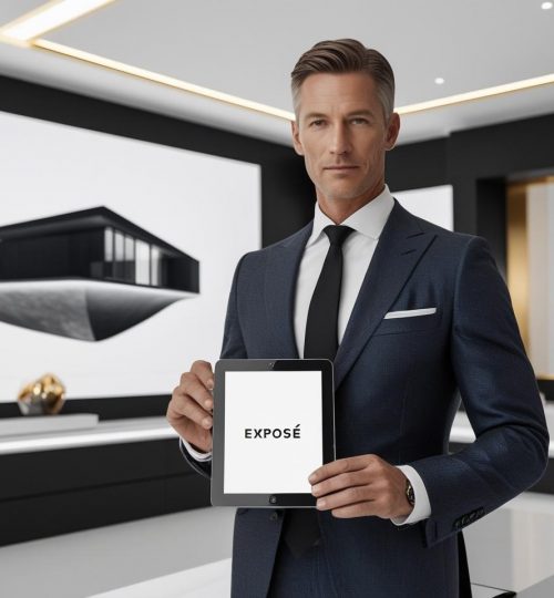 A professional real estate agent, around 40 years old, with short elegant hair, dressed in a luxury tailored suit. _- He is standing in a minimalist luxury