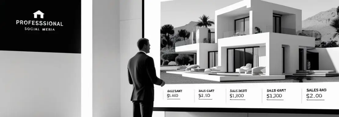 A minimalist black and white photograph of a real estate seminar, presenter in a suit standing in front of a large screen with the professional social media logo and a slide featuring Mediterranean villas and sales charts.