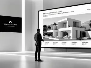 A minimalist black and white photograph of a real estate seminar, presenter in a suit standing in front of a large screen with the professional social media logo and a slide featuring Mediterranean villas and sales charts.