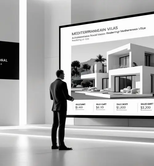A minimalist black and white photograph of a real estate seminar, presenter in a suit standing in front of a large screen with the professional social media logo and a slide featuring Mediterranean villas and sales charts.