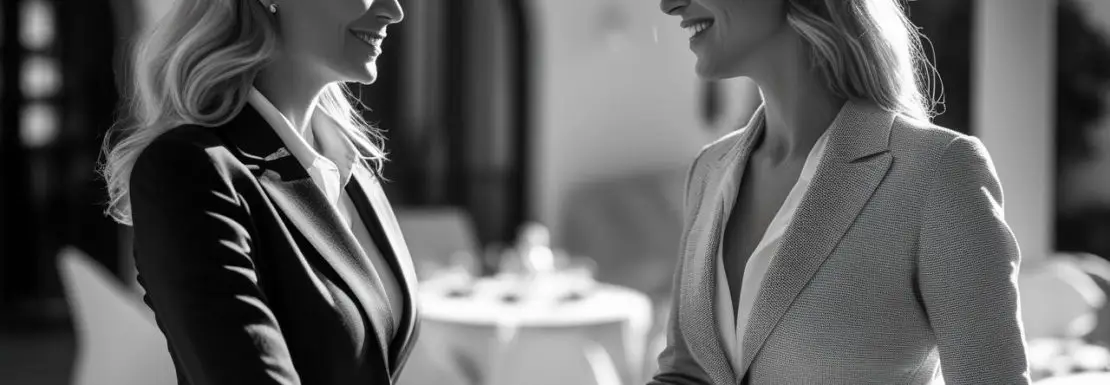 A classic black and white editorial photograph of two real estate agents shaking hands during a networking event in Mallorca, elegant setting with blurred background, strong contrast lighting, cinematic storytelling, highly detailed texture