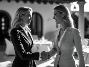 A classic black and white editorial photograph of two real estate agents shaking hands during a networking event in Mallorca, elegant setting with blurred background, strong contrast lighting, cinematic storytelling, highly detailed texture