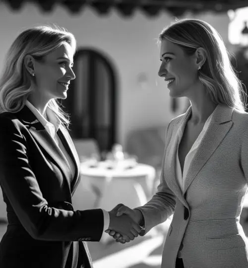 A classic black and white editorial photograph of two real estate agents shaking hands during a networking event in Mallorca, elegant setting with blurred background, strong contrast lighting, cinematic storytelling, highly detailed texture
