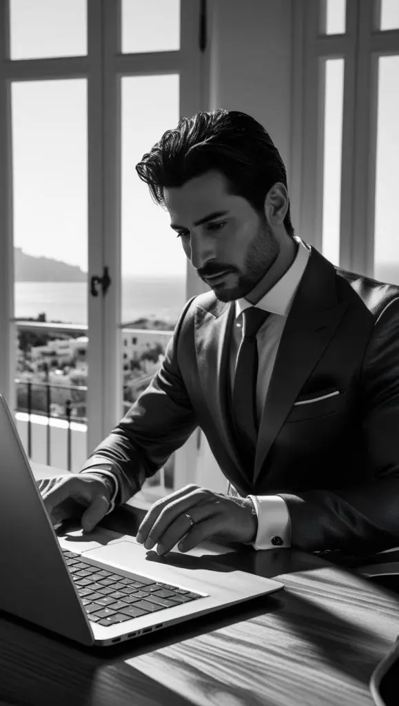 A cinematic black and white editorial photograph of a real estate agent in Mallorca preparing LinkedIn posts on a sleek laptop, elegant office setting, dramatic lighting, highly detailed, full texture, 8k resolution. (