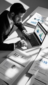A high-end black and white editorial photograph of a realtor studying real estate market statistics on a laptop, surrounded by graphs and printed reports, modern minimalist workspace, sharp details, dramatic shadows, professional atmosphere