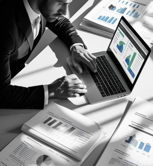 A high-end black and white editorial photograph of a realtor studying real estate market statistics on a laptop, surrounded by graphs and printed reports, modern minimalist workspace, sharp details, dramatic shadows, professional atmosphere