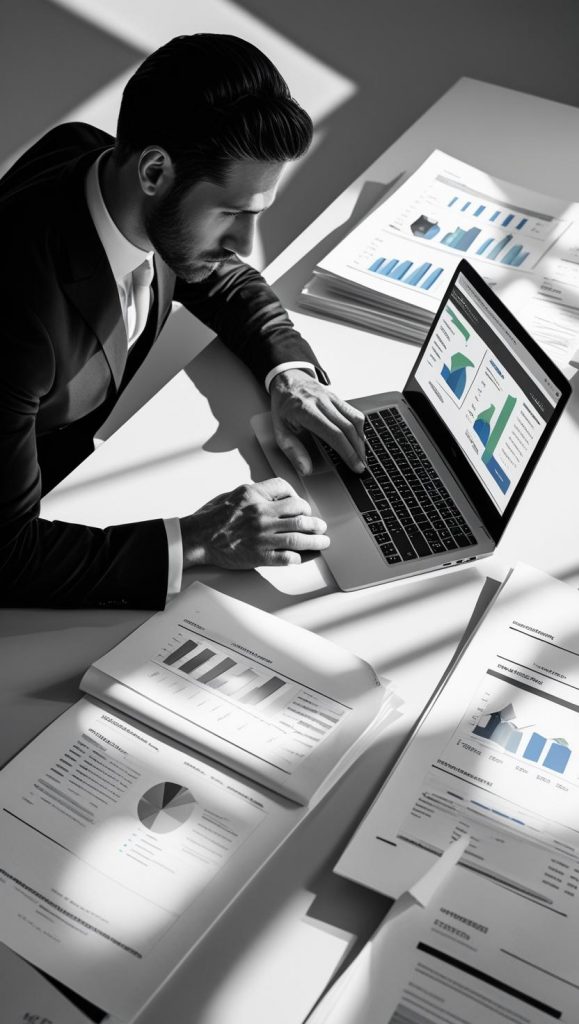 A high-end black and white editorial photograph of a realtor studying real estate market statistics on a laptop, surrounded by graphs and printed reports, modern minimalist workspace, sharp details, dramatic shadows, professional atmosphere